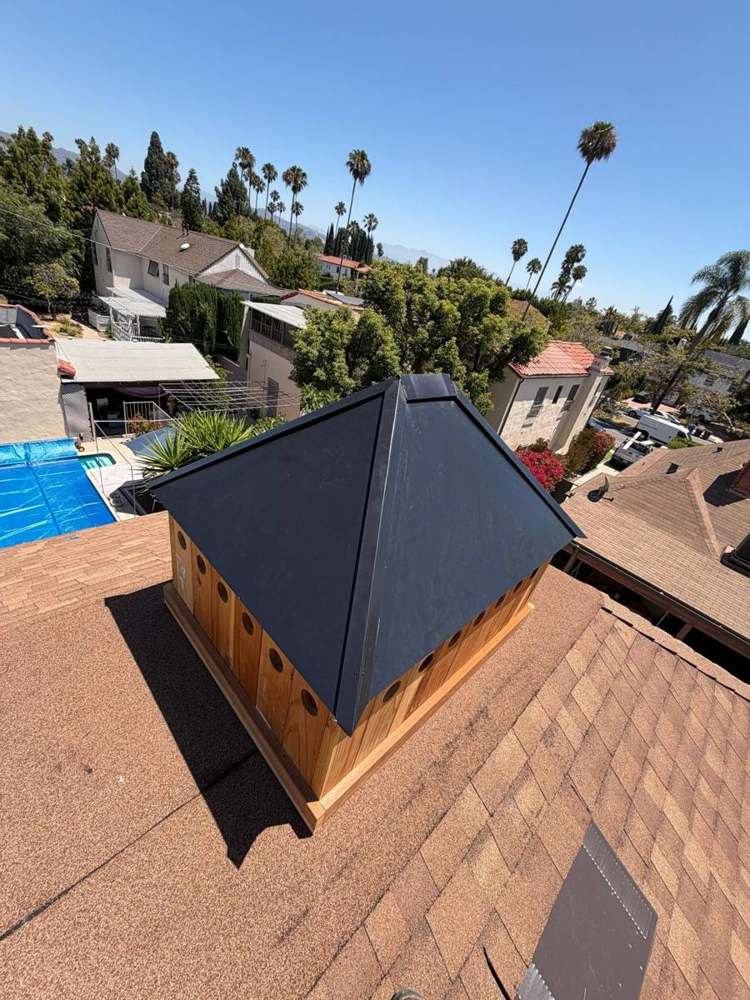Custom pyramid chimney cap + chase flashing in Studio City
