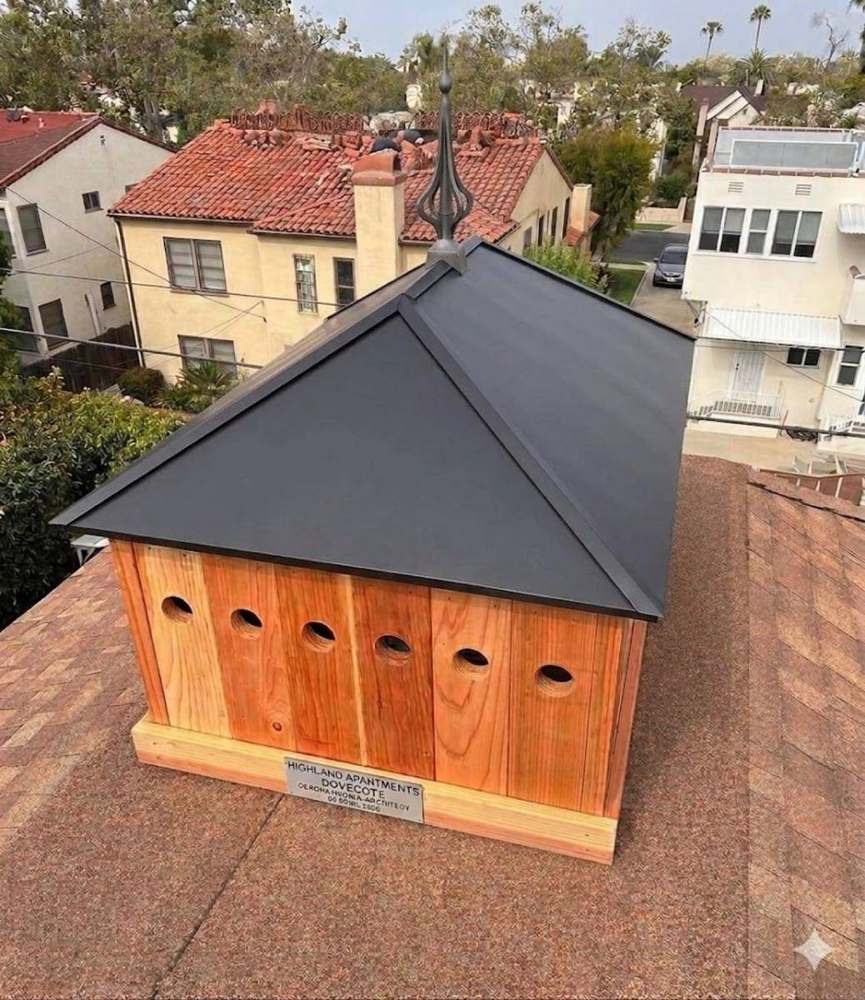Custom pyramid chimney caps + birdhouse roof in Brentwood